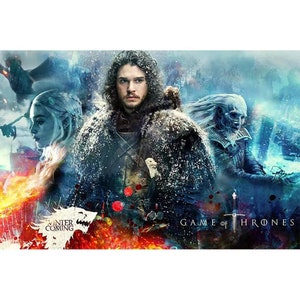 May include: A colourful, abstract image featuring characters from the TV show Game of Thrones. The image includes Jon Snow, Daenerys Targaryen, and the Night King. The text "Winter is Coming" and "Game of Thrones" is visible in the image.