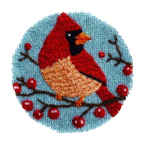 May include: A round, textured, handmade wall hanging featuring a red cardinal bird perched on a branch with red berries. The bird has a tan chest and black accents, set against a light blue background.