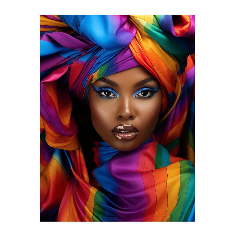 May include: A woman with dark skin is wearing a colorful turban with stripes of red, orange, yellow, green, blue, indigo, and violet. Her eyes are outlined in blue eyeliner and she is wearing a light pink lipstick.