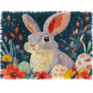 DIY Latch Hook Rug Kit Cartoon Rabbit in Flowers and Easter Eggs Stamped Non-Slip Mat Crochet Yarn Hook and Latch Embroidery Tapestry