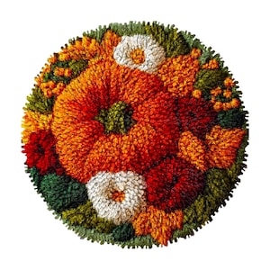 May include: A round, handmade rug featuring a vibrant autumn design. The rug showcases a large orange pumpkin surrounded by red, white, and yellow flowers, with green foliage around the edges. The rug is a cozy, decorative item.