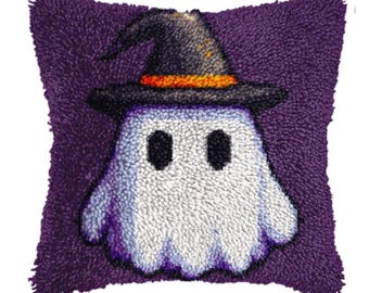 Kit de travesseiro de Halloween com gancho de trava faça você mesmo: fantasma com chapéu de bruxa