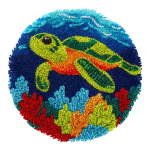 May include: A round, hand-tufted rug featuring a sea turtle swimming in the ocean. The turtle is green and orange, set against a dark blue background with coral and waves. The rug is approximately 24 inches in diameter.