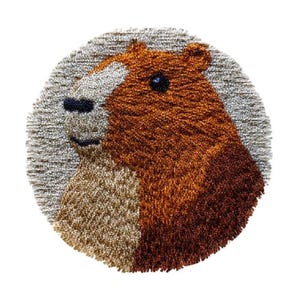 May include: A round, textured rug featuring a horse head design. The horse's head is depicted in shades of brown, tan, and gray, with a black eye and a white stripe on its face. The rug has a shaggy, textured appearance.
