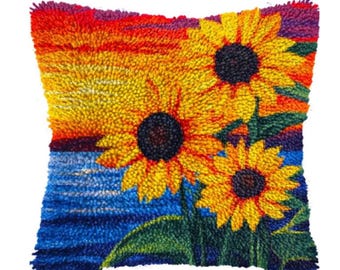 DIY Latch Hook Pillow Kit: Sunflowers Beside Sea and Sunset Design
