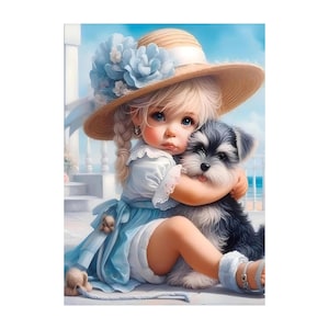 May include: A digital illustration of a young child with blonde hair wearing a blue dress and a straw hat adorned with blue flowers, hugging a small black and gray dog. The background features a seaside scene.