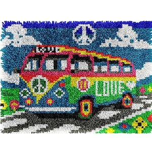 Love & Peace Bus Latch Hook Kits Latch Hook Rug Kit Pre-Printed Hook and Latch Carpet Making Kits Cross-stitch DIY Wall Hanging Crochet Set