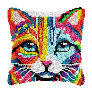初心者向けのカラフルな猫のラッチフックキット、かわいい動物のラッチフック枕キット、プリント済みラッチフックラグキット、ソファ用刺繍クッション