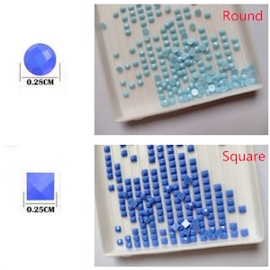May include: Two trays of blue diamond painting drills, one tray with round drills and one tray with square drills. Each drill measures 0.25 inches in diameter.