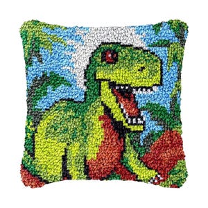 Dinosaur Latch Hook Pillow Cover Kits for DIY Cushion Cross Stitch Crochet Hooking Latch Hook Pillowcase Rug Kits with Preprinted Canvas