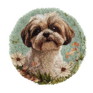 May include: Round, hand-tufted rug featuring a Shih Tzu dog portrait. The dog has brown and white fur, with a sweet expression. The background is a light green with white daisies and orange floral accents.