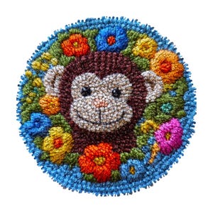 Può includere: Un tappeto rotondo fatto a mano con la faccia di una scimmia circondata da fiori colorati. La scimmia ha la faccia e le orecchie marroni, con un muso e occhi beige chiaro. I fiori sono in tonalità di rosso, arancione, giallo, blu e rosa, su un bordo blu.
