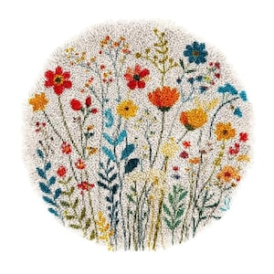 Kit de tapis à crochets avec loquet de nombreuses fleurs sauvages colorées : tapis au crochet estampé à faire soi-même