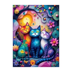 Könnte beinhalten: Eine farbenfrohe Illustration zeigt drei stilisierte Katzen in einem skurrilen Garten. Die Katzen, in Orange-, Blau- und Lilatönen, sind von Blumen, Bäumen und einem lebendigen Sonnenuntergang umgeben. Das Kunstwerk hat eine traumhafte Qualität.