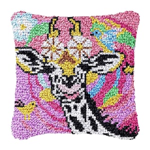 Latch Hook Kits DIY Animal Pillowcase Crafts Cover Case Latch Hook Rug Kits with Giraffe Preprinted Canvas Crochet Yarn Kits Crafts