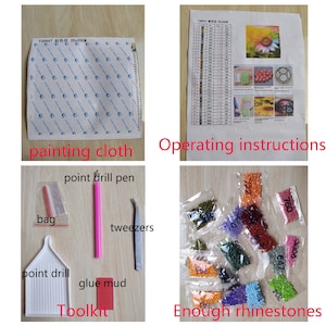 May include: Diamond painting kit with a white canvas, a bag of colorful rhinestones, a point drill pen, tweezers, glue mud, and a point drill tool. The kit also includes instructions with a color chart and a diagram of the design.