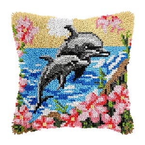 Dolphin Latch Hook Kits , DIY Latch Hook Pillow Kit Pre-Printed Embroidery Cushion for Home Sofa Decoration