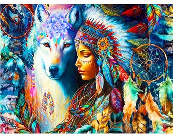 Kit de peinture diamant Indien et loup : broderie mosaïque