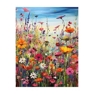 Puede incluir: Una pintura vibrante de un prado de flores silvestres bajo un cielo azul. La obra de arte presenta una variedad de flores coloridas en tonos naranja, amarillo, rosa, rojo y morado. Las pinceladas crean un efecto texturizado e impresionista.
