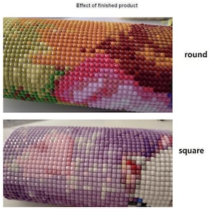 May include: Close-up of two diamond painting samples, one with round diamonds and one with square diamonds. The round diamond sample is a colorful floral design, while the square diamond sample is a purple and white design. The text "round" and "square" are labeled next to each sample.