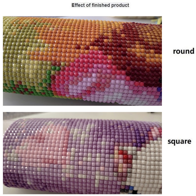 May include: Close-up of two diamond painting samples, one with round diamonds and one with square diamonds. The round diamond sample is a colorful floral design, while the square diamond sample is a purple and white design. The text "round" and "square" are labeled next to each sample.