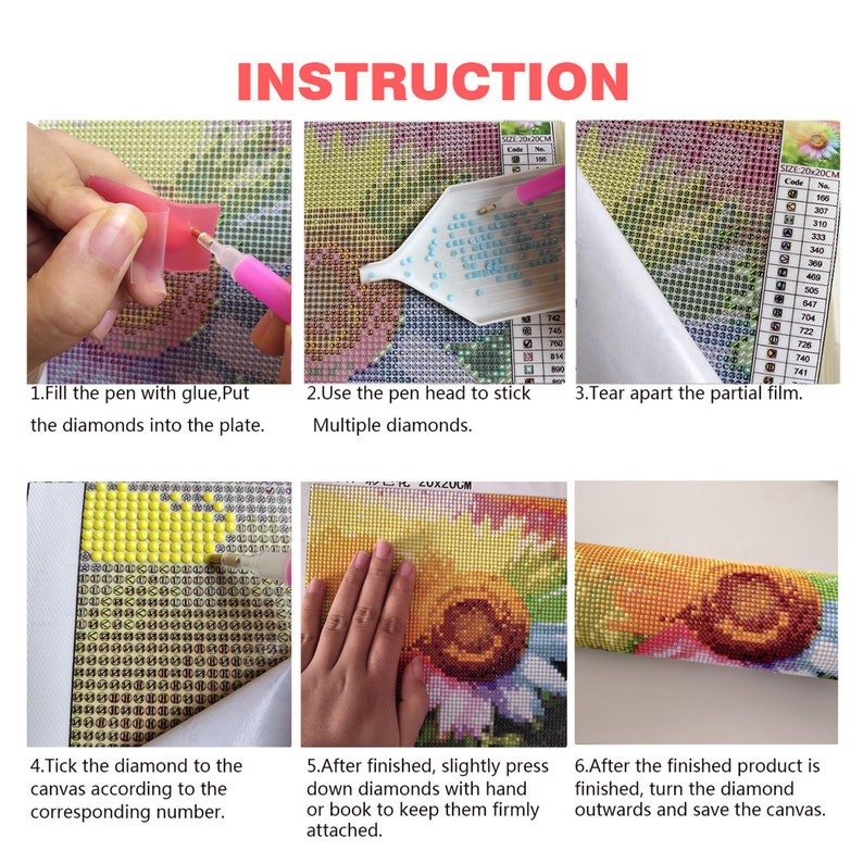 May include: Instructions for a diamond painting kit. The image shows six steps for completing a diamond painting project. The steps include filling a pen with glue, sticking diamonds to the canvas, and pressing down the diamonds to secure them.