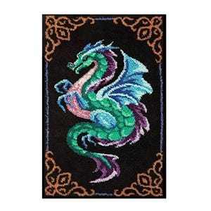 May include: A rectangular black rug featuring a colorful dragon design. The dragon is depicted in shades of green, blue, and purple, with a detailed, textured appearance. The rug has a decorative border with ornate, gold-colored accents.