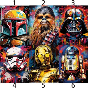 May include: A colourful artwork showcasing six Star Wars characters: Boba Fett, Chewbacca, Darth Vader, a Stormtrooper, C-3PO, and R2-D2. Each character is rendered in a graffiti-style design with bold outlines and paint splatter effects.