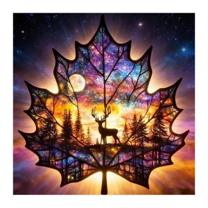 Könnte beinhalten: Ein digitales Kunstwerk, das ein stilisiertes Ahornblatt mit einer farbenfrohen Galaxie und einer Waldszene im Inneren zeigt. Ein Vollmond und eine Hirschsilhouette sind sichtbar. Das Blatt ist schwarz umrandet, mit hellem Licht, das von unten ausgeht.