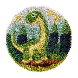May include: A round, hand-tufted rug featuring a friendly green and yellow dinosaur in a forest scene. The rug has a gray background with yellow cloud accents and a brown base. The dinosaur has a long neck and tail.