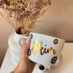 Personalized Eye Cup I Evils Eye Cup I Name Mug Ceramic Mug Nazar Cup Mocha Cups Cup with eye and hand Gullisatolya image 4