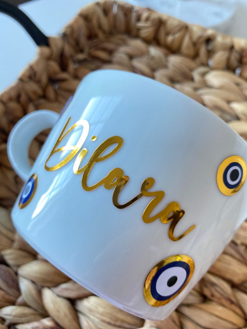 Personalized Eye Cup I Evils Eye Cup I Name Mug Ceramic Mug Nazar Cup Mocha Cups Cup with eye and hand Gullisatolya image 3