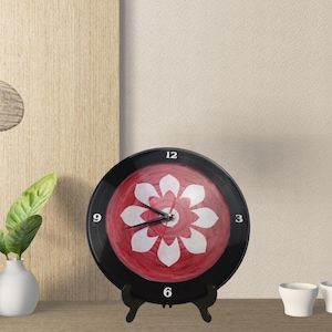 White Flower Power Vinyl Record Clock - 12” Retro Floral Wall Art for Peaceful Decor