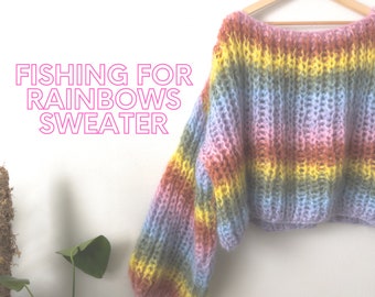 FISHING FOR RAINBOWS Sweater Easy Chunky Mohair Fisherman's Rib Knitting Pattern