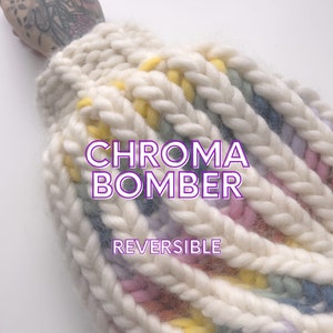 CHROMA BOMBER Two Tone Rainbow Colorwork Reversible Fisherman's Rib Cardigan Jacket Knitting Pattern