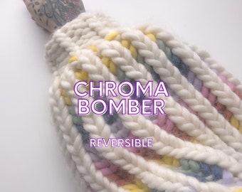 CHROMA BOMBER Two Tone Rainbow Colorwork Reversible Fisherman's Rib Cardigan Jacket Knitting Pattern