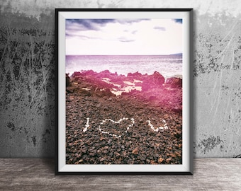 Hawaii Photography Print - I Love You - Unframed Wall Art Print - Hawaiian Landscape, Hawaiian Photo Print - I Heart U Rocky Beach