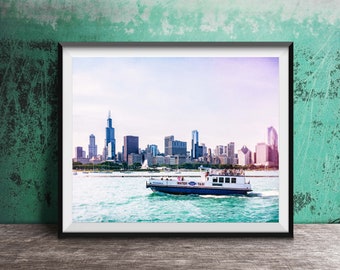 Chicago Skyline Photography Print - Water Taxi Boat - Unframed Wall Art Print - Chicago Photo Print - Downtown Chicago, Illinois