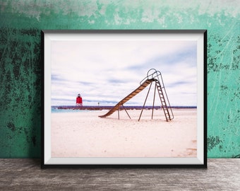 Playground on the Beach Photography Print - Original Unframed Wall Art - Beach Photography, Lighthouse, Nautical Theme, Bathroom, Restroom
