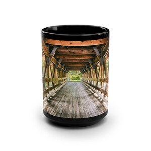 COVERED BRIDGE, Naperville, Illinois - 15oz Black Ceramic Coffee Mug featuring original photography by KevinKlimaPhoto.com