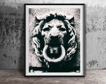 Gothic Cemetery Statue Photography Print - Original Unframed Wall Art Print - Modern Black and White Photography Print - Lion Home Decor