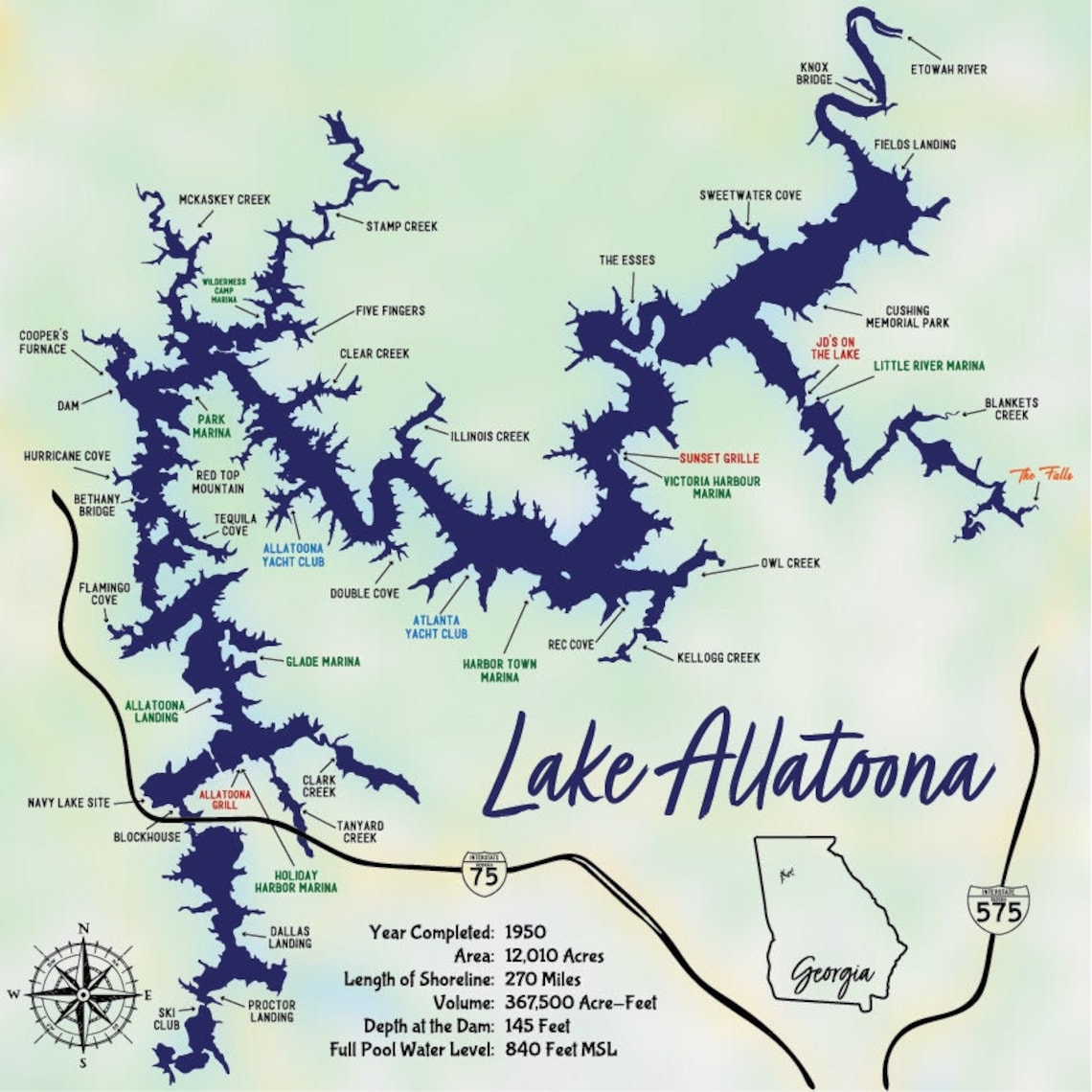Lake Allatoona Georgia DIGITAL MAP FILES Printable Includes Marinas