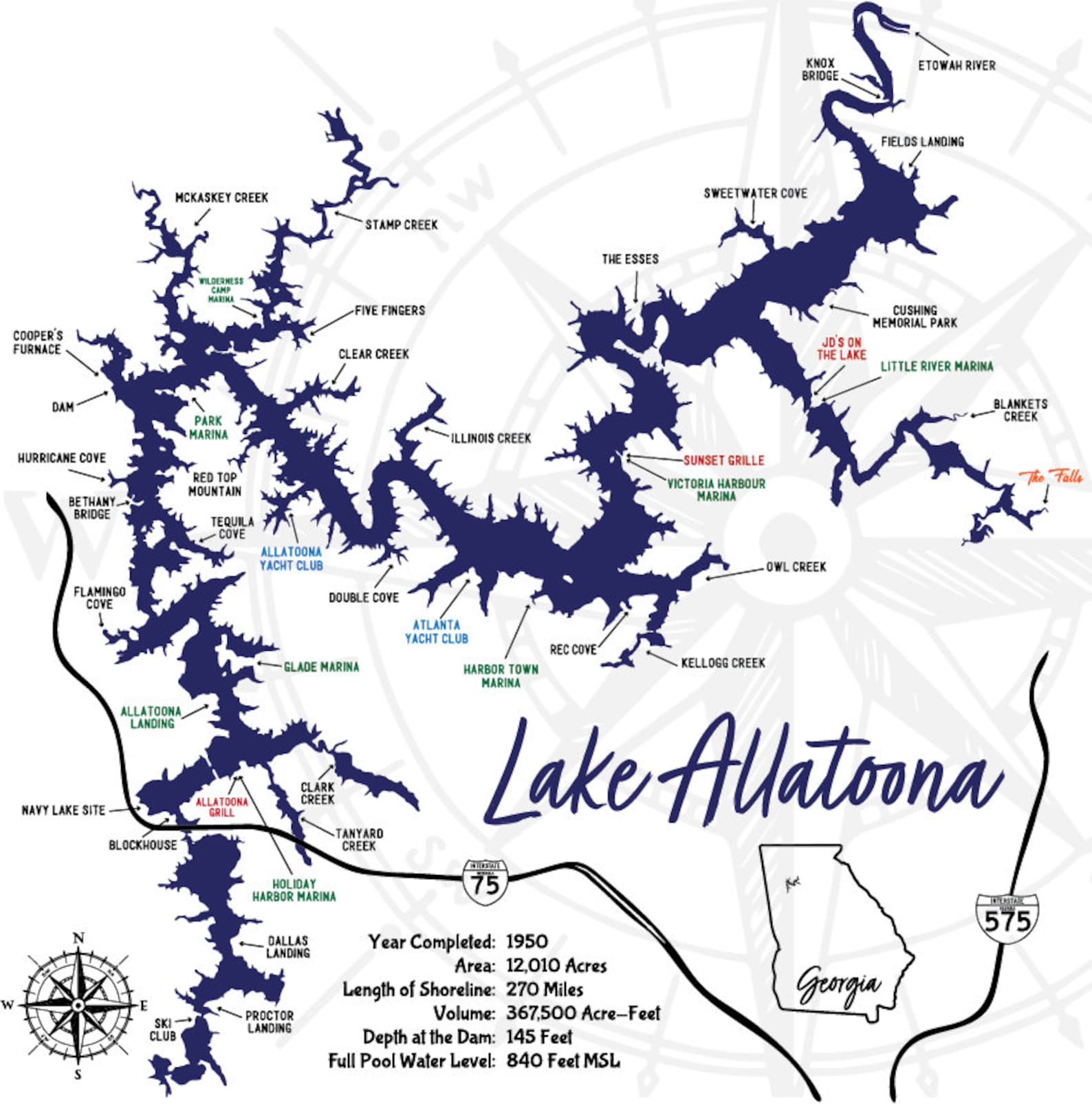 Lake Allatoona DIGITAL MAP FILES Printable Includes Marinas