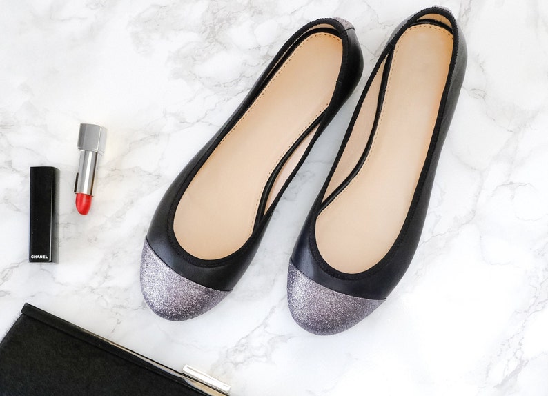 Women shoes handmade shoes ballet shoes leather shoes woman Black Italian Leather Ballet Flats with Silver Glitter Toecap