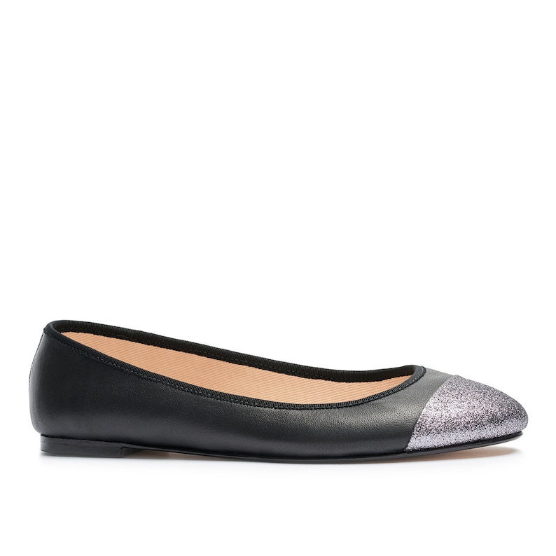 Women shoes handmade shoes ballet shoes leather shoes woman Black Italian Leather Ballet Flats with Silver Glitter Toecap