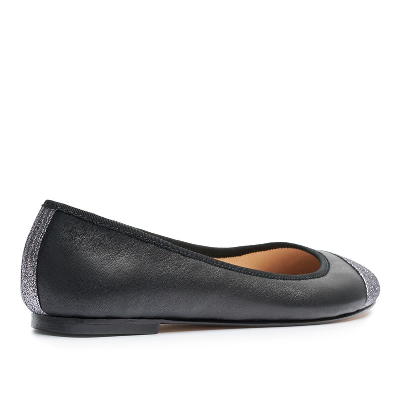 Women shoes handmade shoes ballet shoes leather shoes woman Black Italian Leather Ballet Flats with Silver Glitter Toecap
