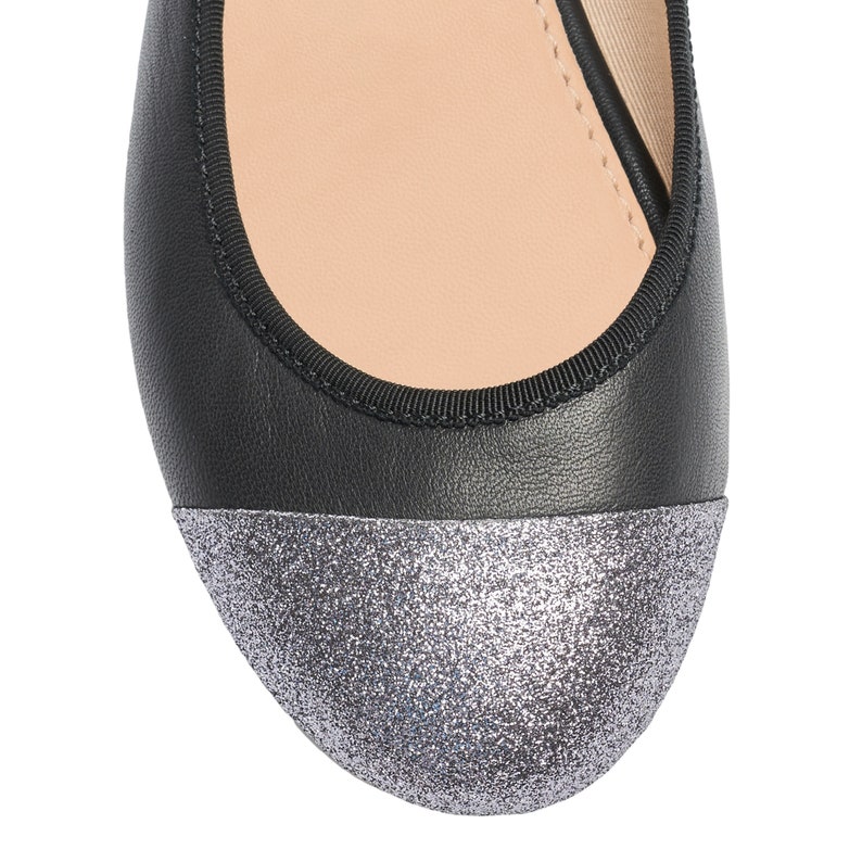 Women shoes handmade shoes ballet shoes leather shoes woman Black Italian Leather Ballet Flats with Silver Glitter Toecap