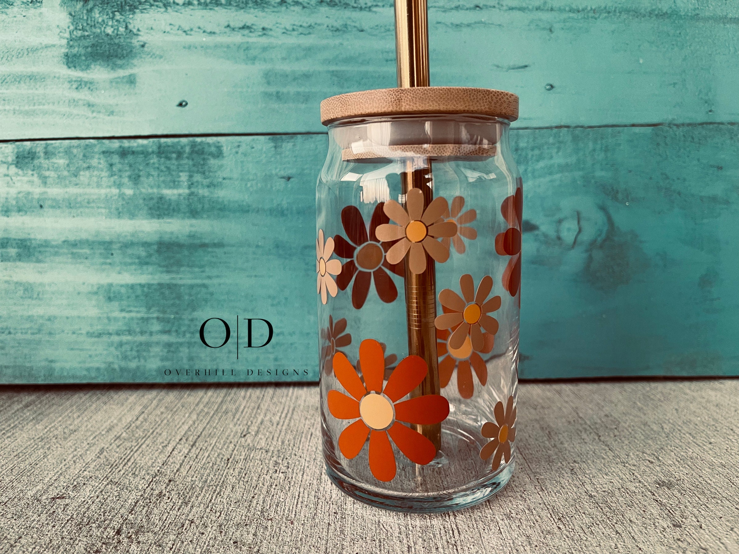 Boho Daisy Print Beer Can Glass 16oz Glass Cup With Lid Iced Coffee Glass  Cuplibbey Glass 