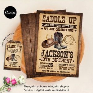 Invito country occidentale modificabile, invito di compleanno da cowboy, legno rustico, cappello da cowboy e lazo, stampabile, download istantaneo
