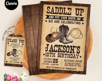 Editable Country Western Invitatation, Cowboy Birthday Invitation, Rustic Wood, Cowboy Hat and Lasso, Printable, Instant Download